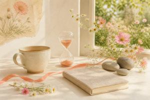 Sunlit still life with a teacup, hourglass, closed notebook, flowers and a flowing coral ribbon