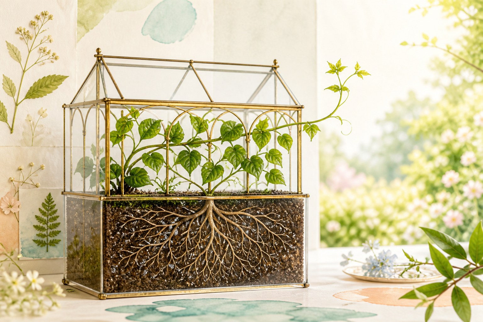 Bright glass greenhouse showing an orderly vine above soil and an extensive healthy root system below