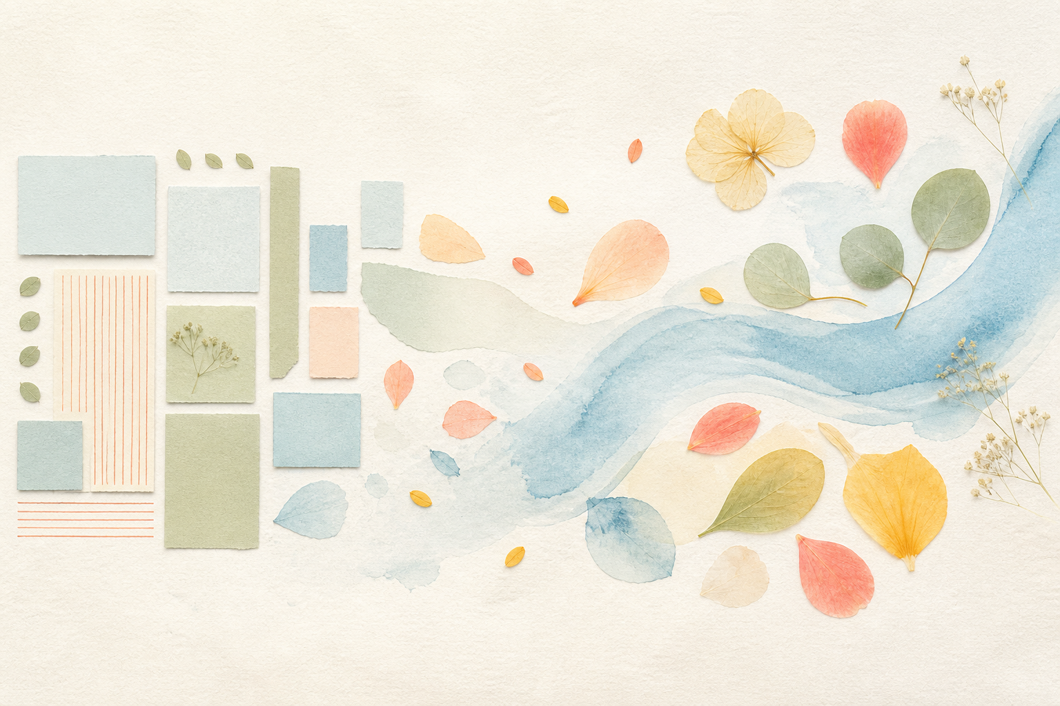 Airy paper collage transitioning from orderly rectangles into watercolor, leaves and flower petals