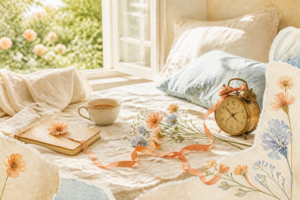 Bright sunlit daybed with tea, notebook, flowers and an antique clock connected by a coral ribbon