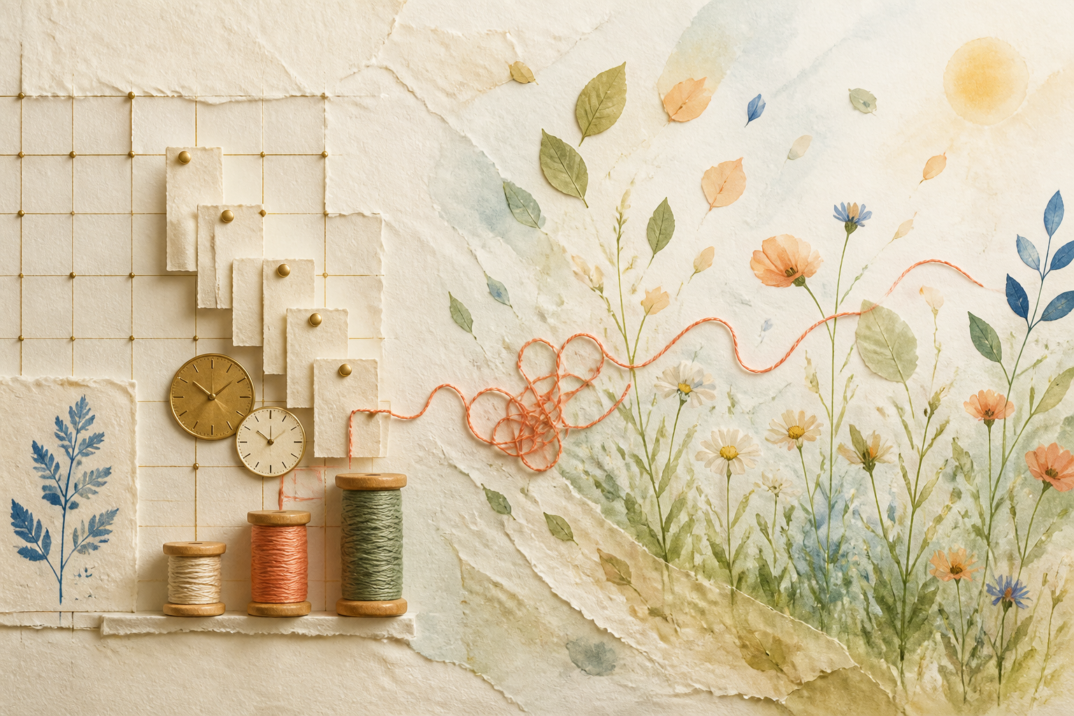 Bright paper collage where clocks, task cards and thread transform into a sunlit wildflower meadow