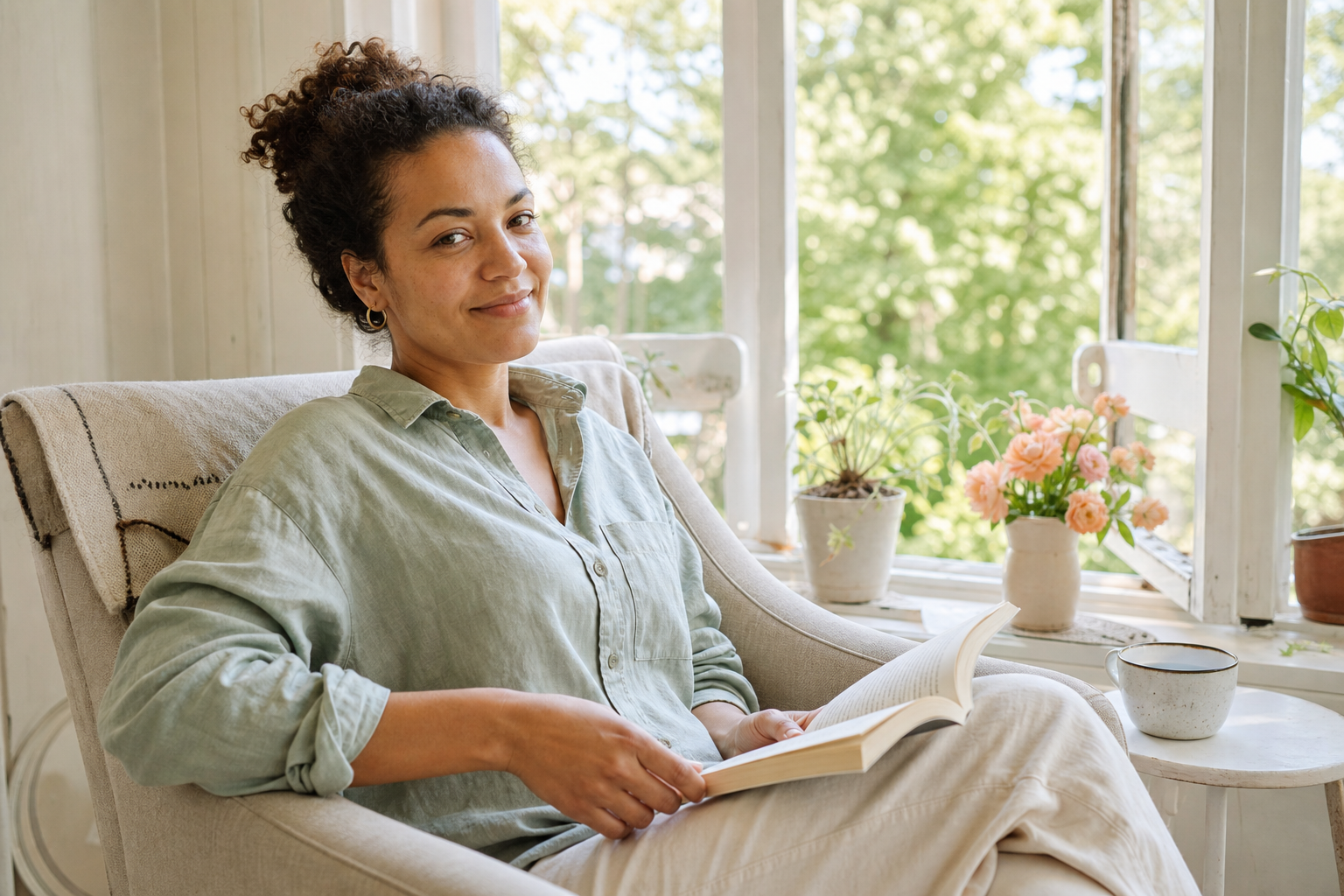 Woman in her early thirties relaxing with a book and tea in a bright garden sunroom
