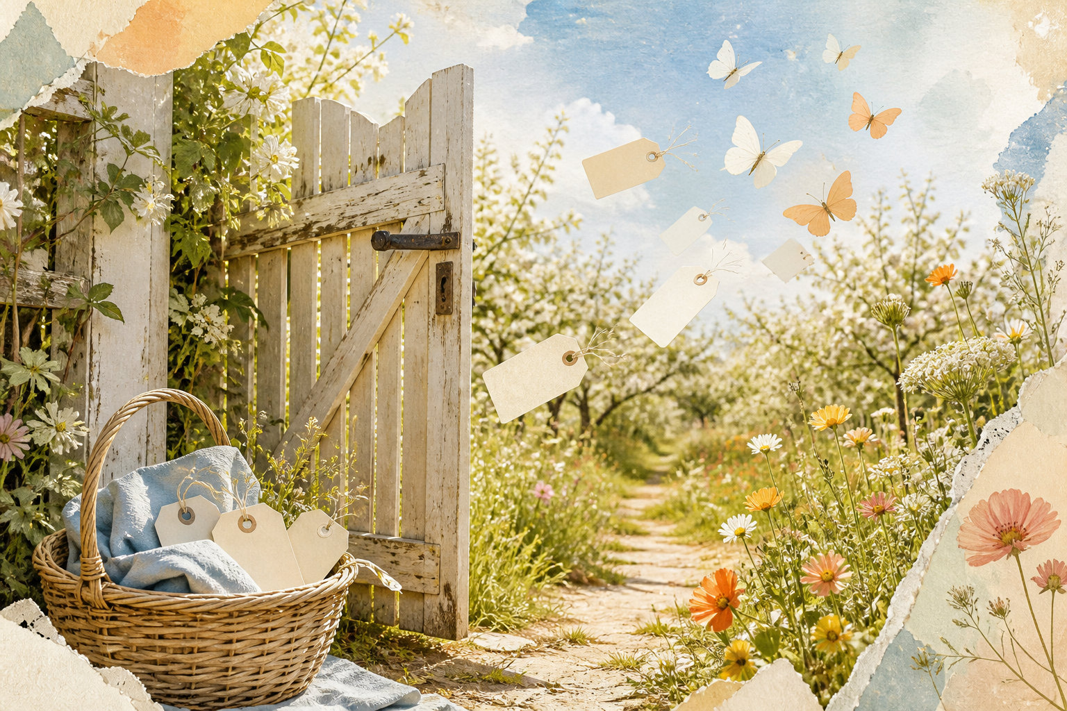 Open garden gate leading to a bright wildflower orchard as blank paper tags become butterflies
