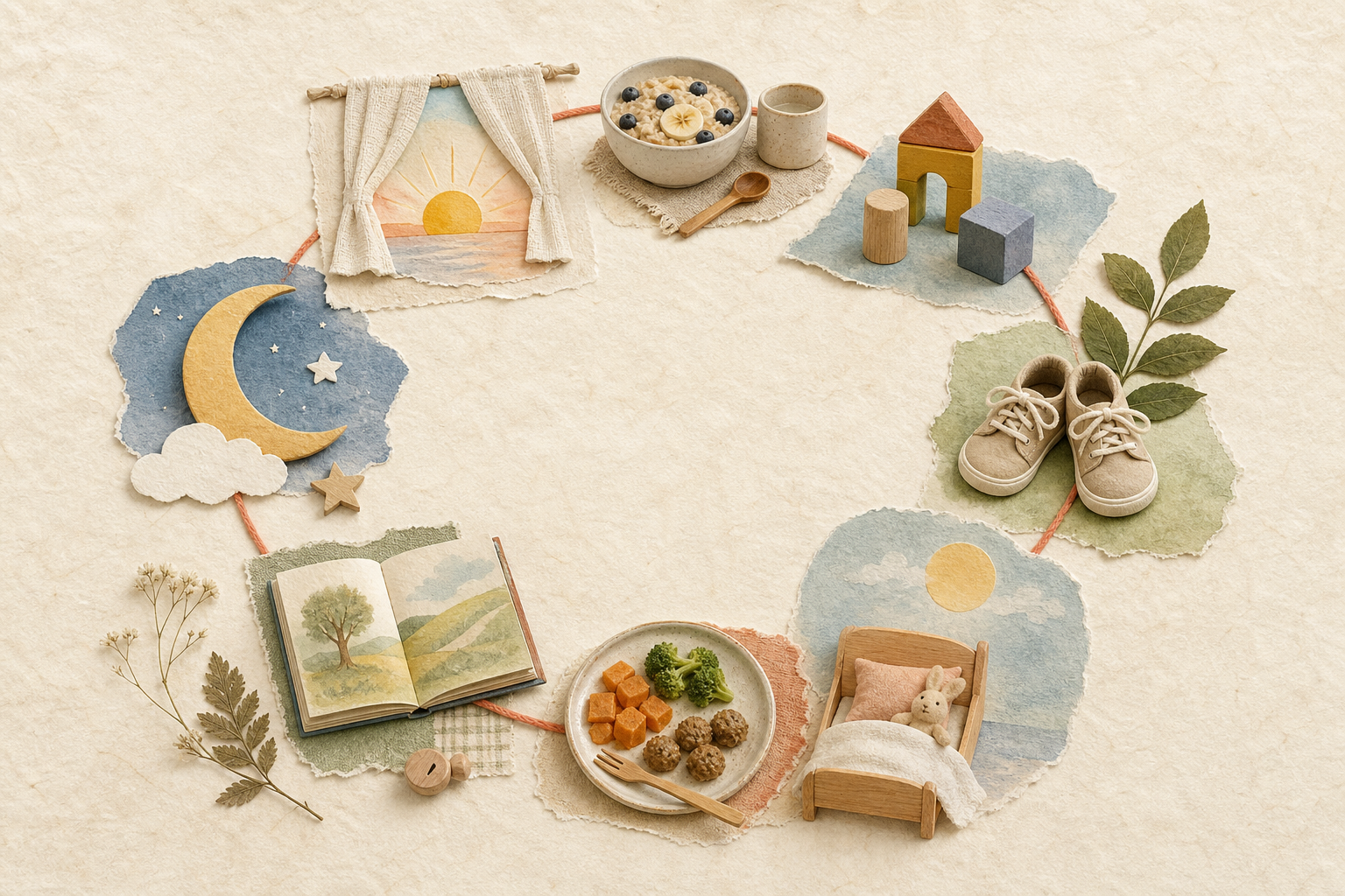 Bright handmade paper collage showing breakfast, play, outdoor shoes, nap, dinner, a book and bedtime in a gentle circle
