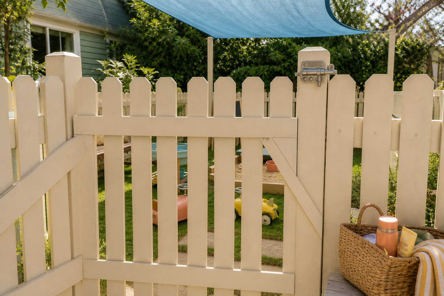 Sunny enclosed backyard toddler play area with a closed gate, high latch, shade, sandbox and water table