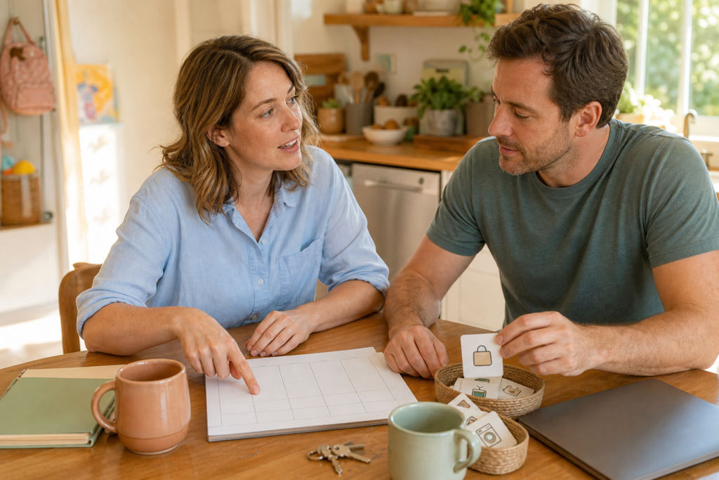 White mother and her partner discussing a blank household planner at a bright kitchen table