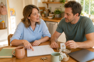 White mother and her partner discussing a blank household planner at a bright kitchen table