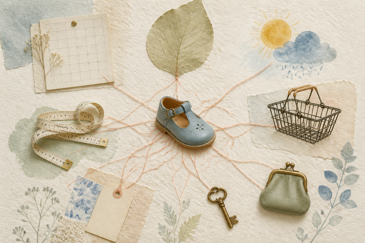 Bright paper collage with a child’s blue shoe connected by coral threads to a calendar, measuring tape, basket, weather, key and purse