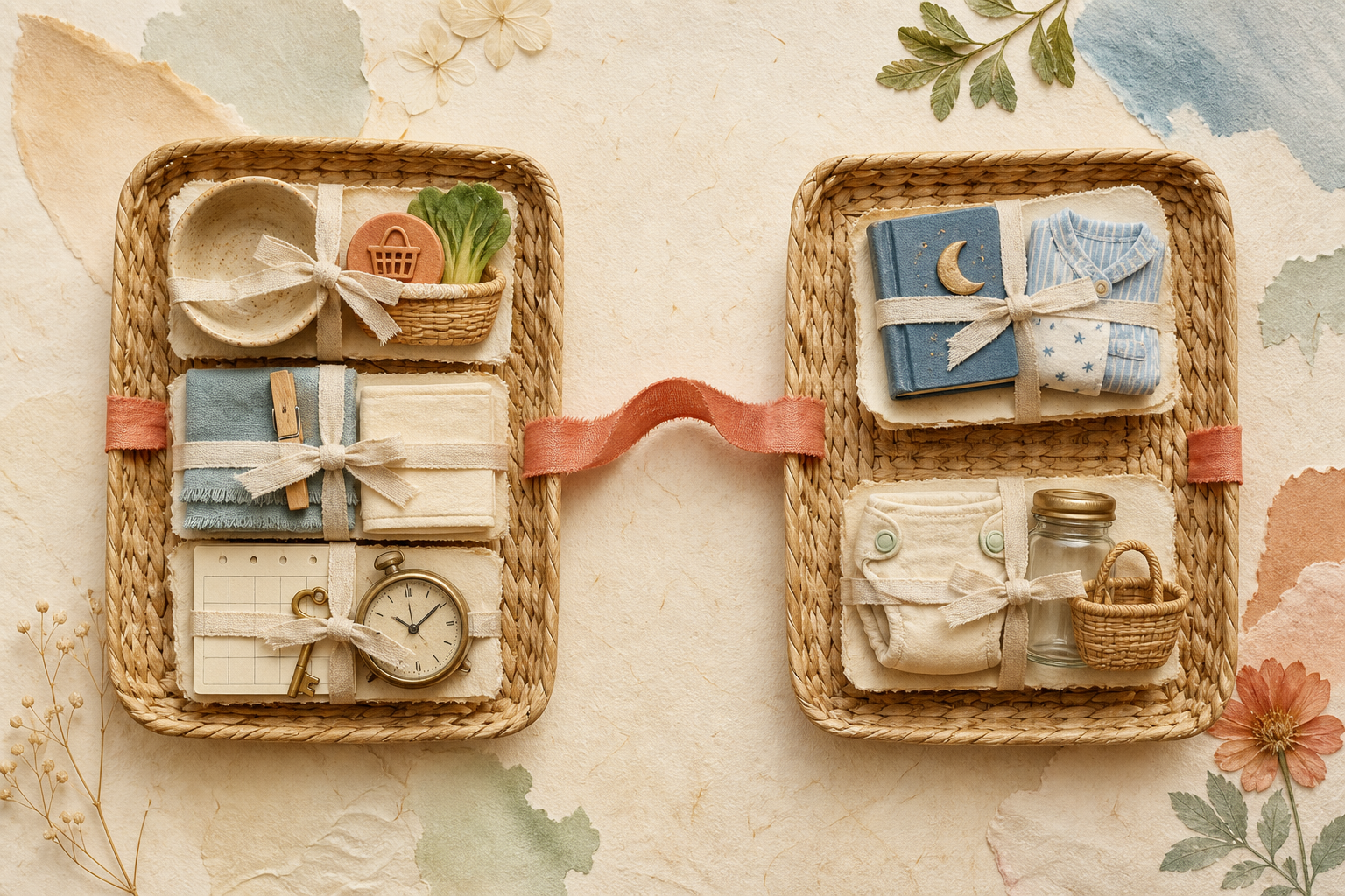 Two woven trays holding complete household task bundles tied with linen ribbon on handmade paper