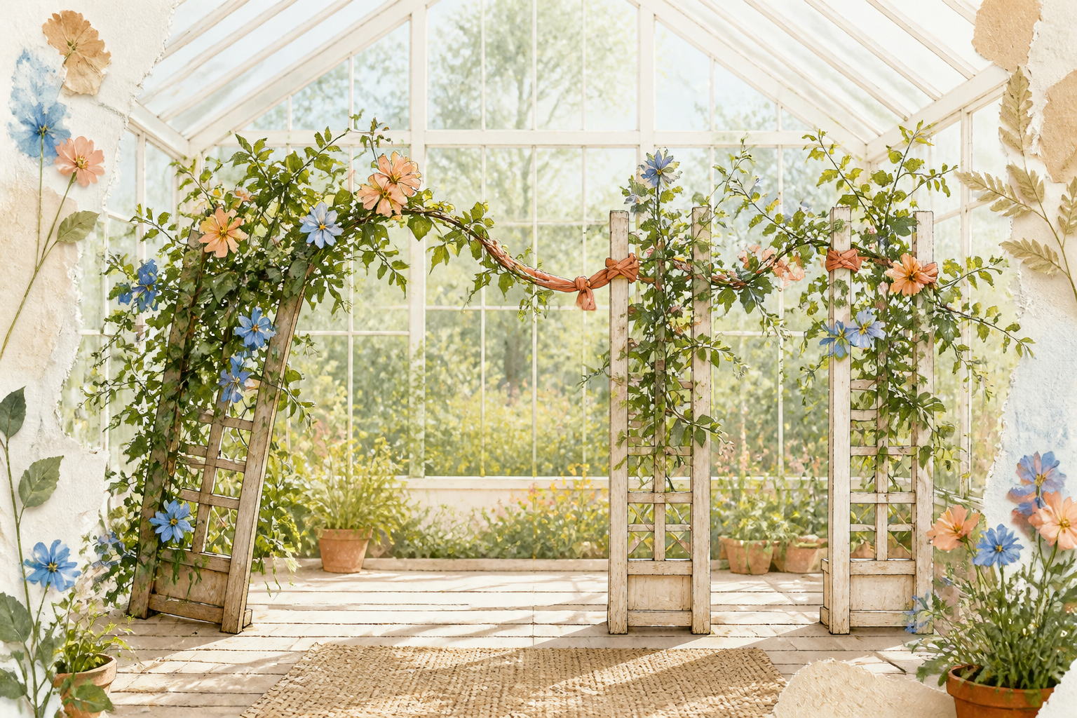 Sunlit greenhouse with a flowering vine redistributed from one bent trellis across two sturdy supports