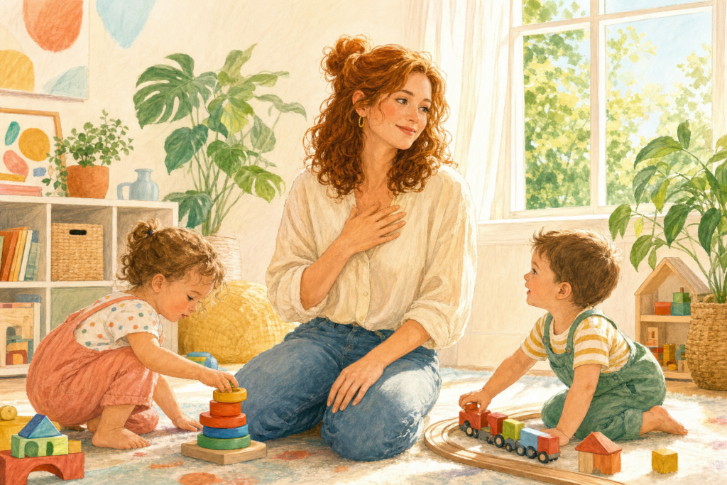 Gouache illustration of a white mother in her early 30s pausing with one hand on her chest while two toddlers play in a bright sunlit room