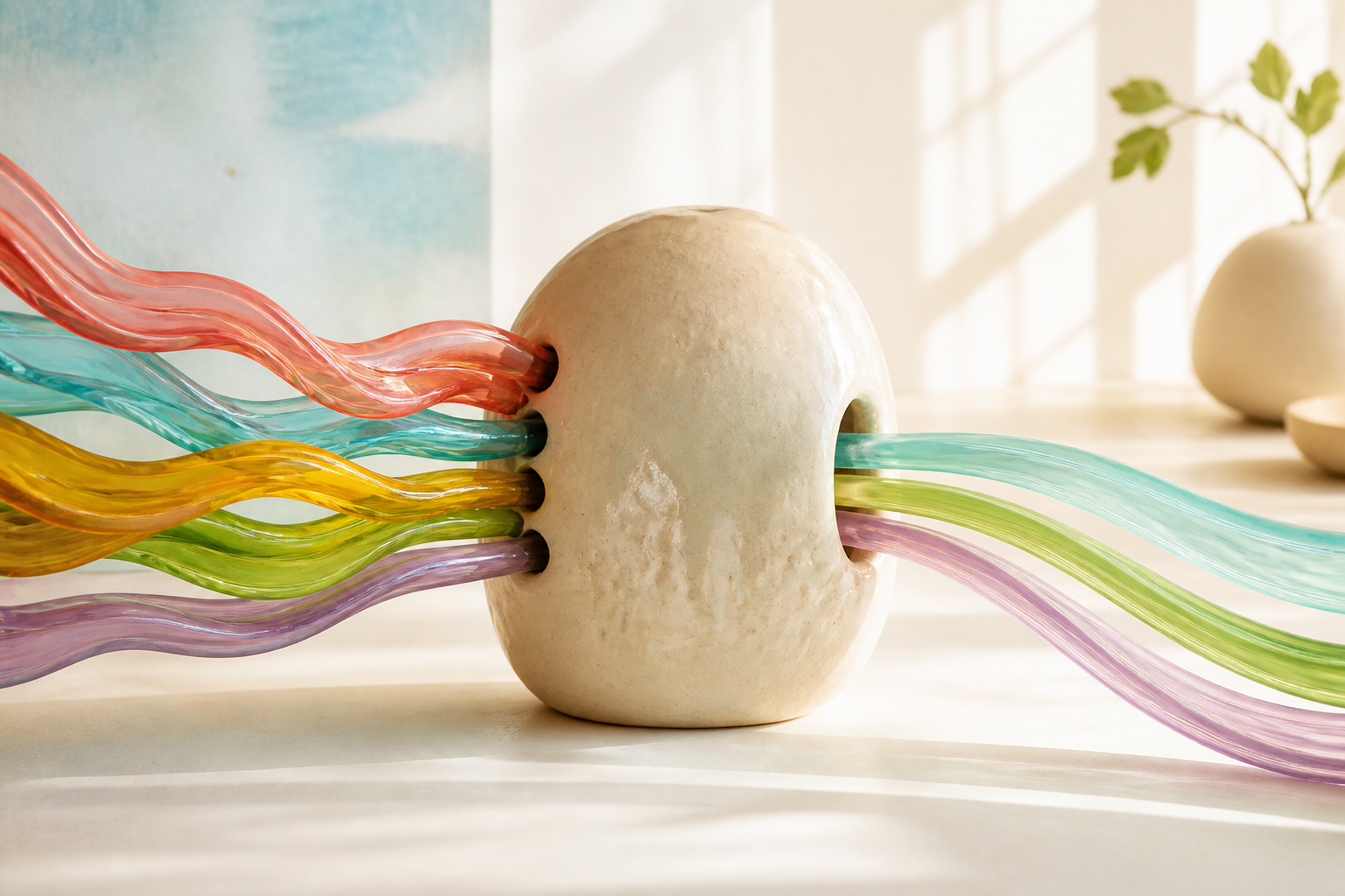Bright ceramic sculpture with colorful glass ribbons entering in a busy cluster and leaving as three evenly spaced flowing lines