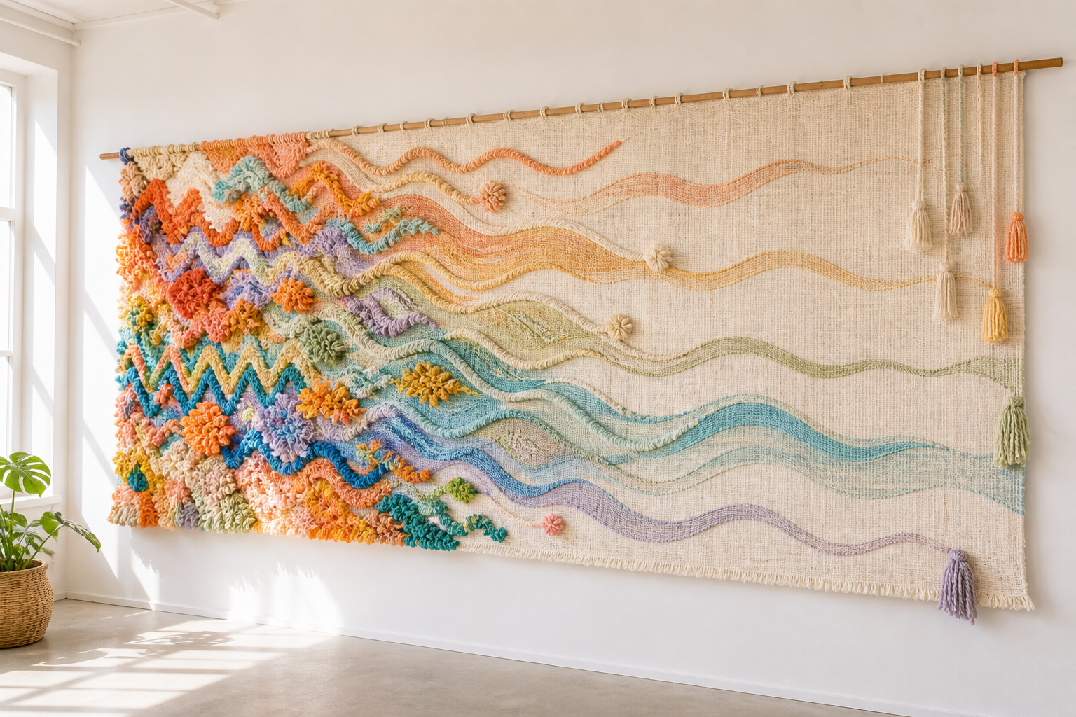 Sunlit handwoven wall tapestry transitioning from dense colorful texture into widely spaced calm waves