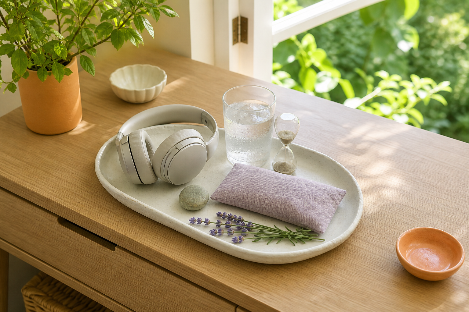 Sunlit ceramic tray with headphones, cold water, a linen eye pillow, an hourglass, a smooth stone and lavender beside an open window