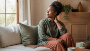Black woman pausing quietly to regulate big feelings
