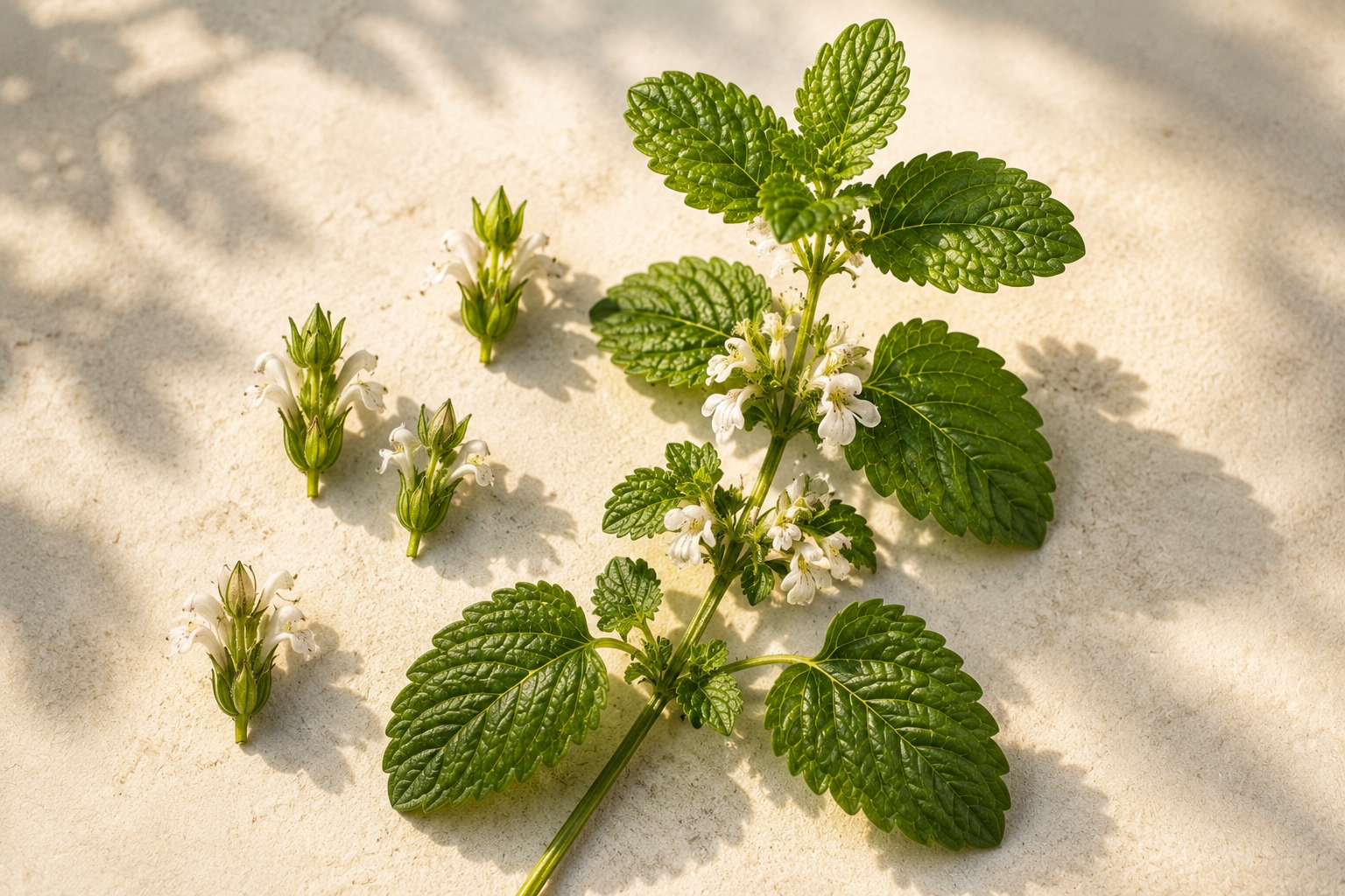 Botanical-style lemon balm sprig with serrated green leaves and delicate white flowers on a warm cream background