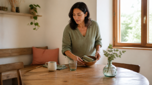 Latina woman creating calm by gently resetting her space