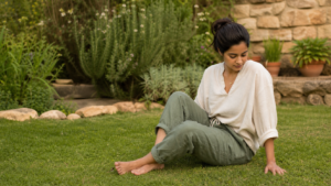 South Asian woman grounding barefoot in a quiet garden