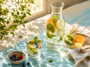 Pitcher and glass of citrus-mint cucumber water on a sunlit blue table with scattered fruit and mint leaves nearby.