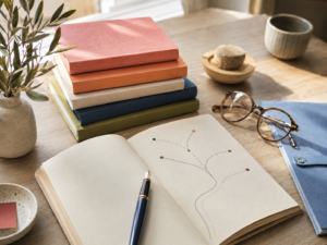 A study desk with a stack of colorful books, an open notebook with a drawn design, and a fountain pen nearby.