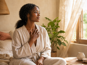 Beautiful dark-skinned Black woman in her 20s practicing a calming exercise for women’s wellness, hormone health, stress, and nervous system support.