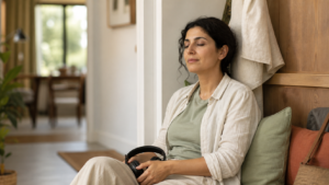 Middle Eastern woman resting after removing headphones