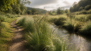Quiet meadow path and stream after rain