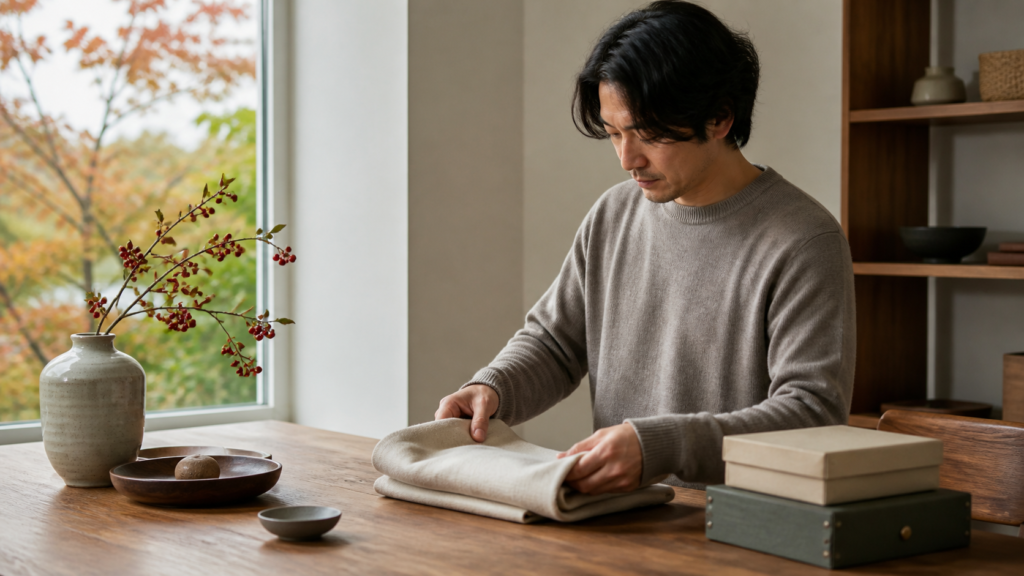 East Asian man arranging a calm seasonal home reset