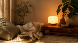 Warm sensory sanctuary with soft linen, plants, and amber light