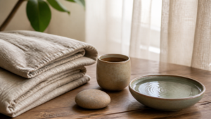 Linen, ceramic cup, smooth stone, and rippling water