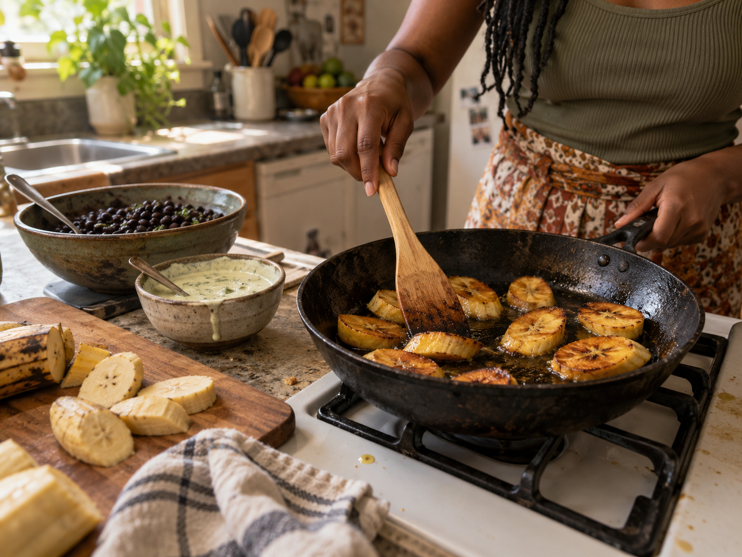 Young Black woman pan-cooking sliced plantains beside bowls of black beans and creamy lime sauce