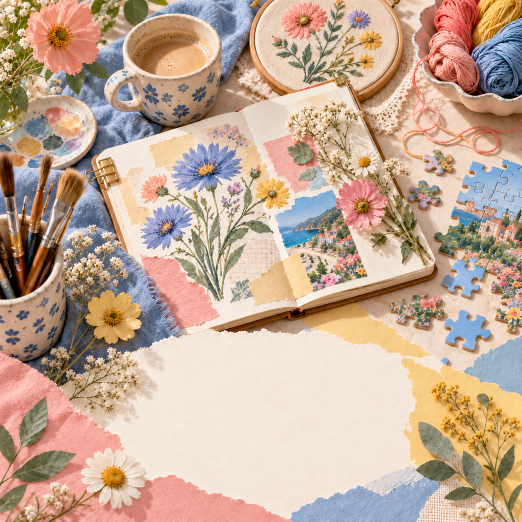 Colorful offline hobby table with embroidery, painting, journaling, yarn and a partially completed puzzle