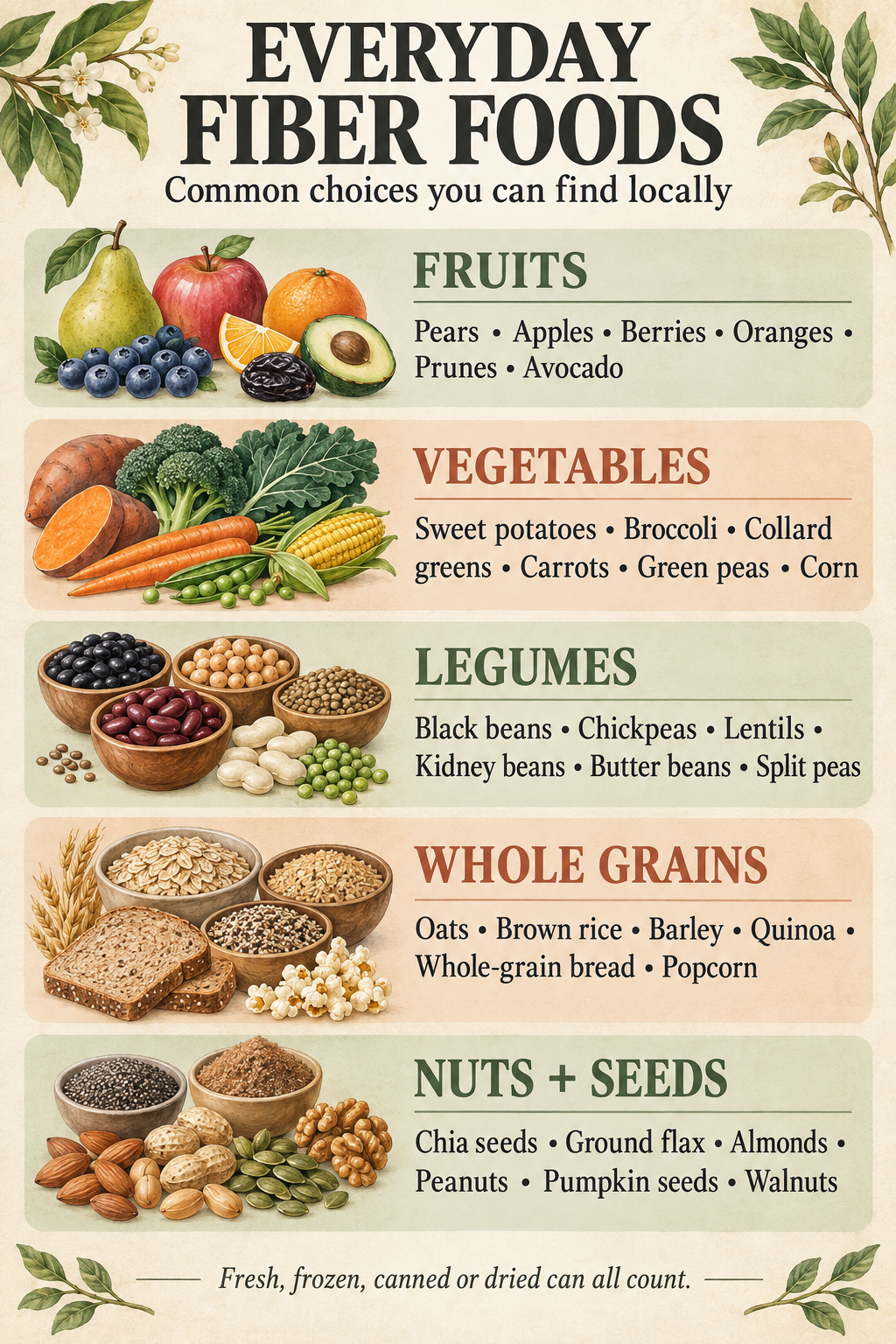 Vertical categorized guide to common fiber foods including fruits, vegetables, legumes, whole grains, nuts and seeds