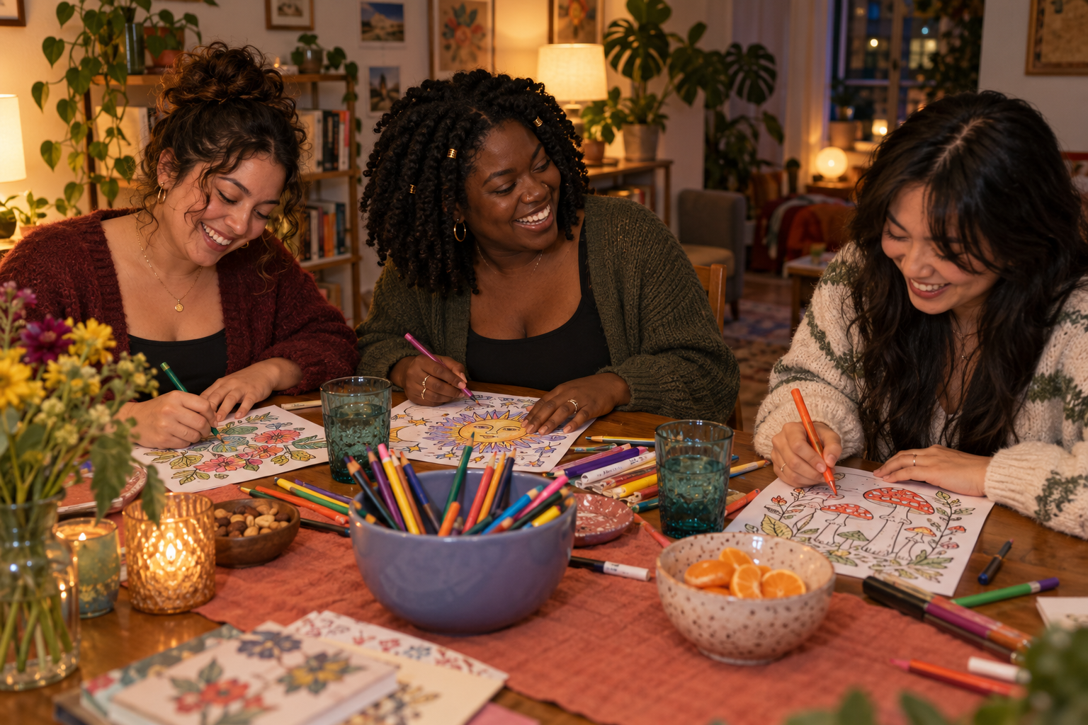 Three young women, including a dark-skinned Black woman with natural twists, enjoying a relaxed coloring night together