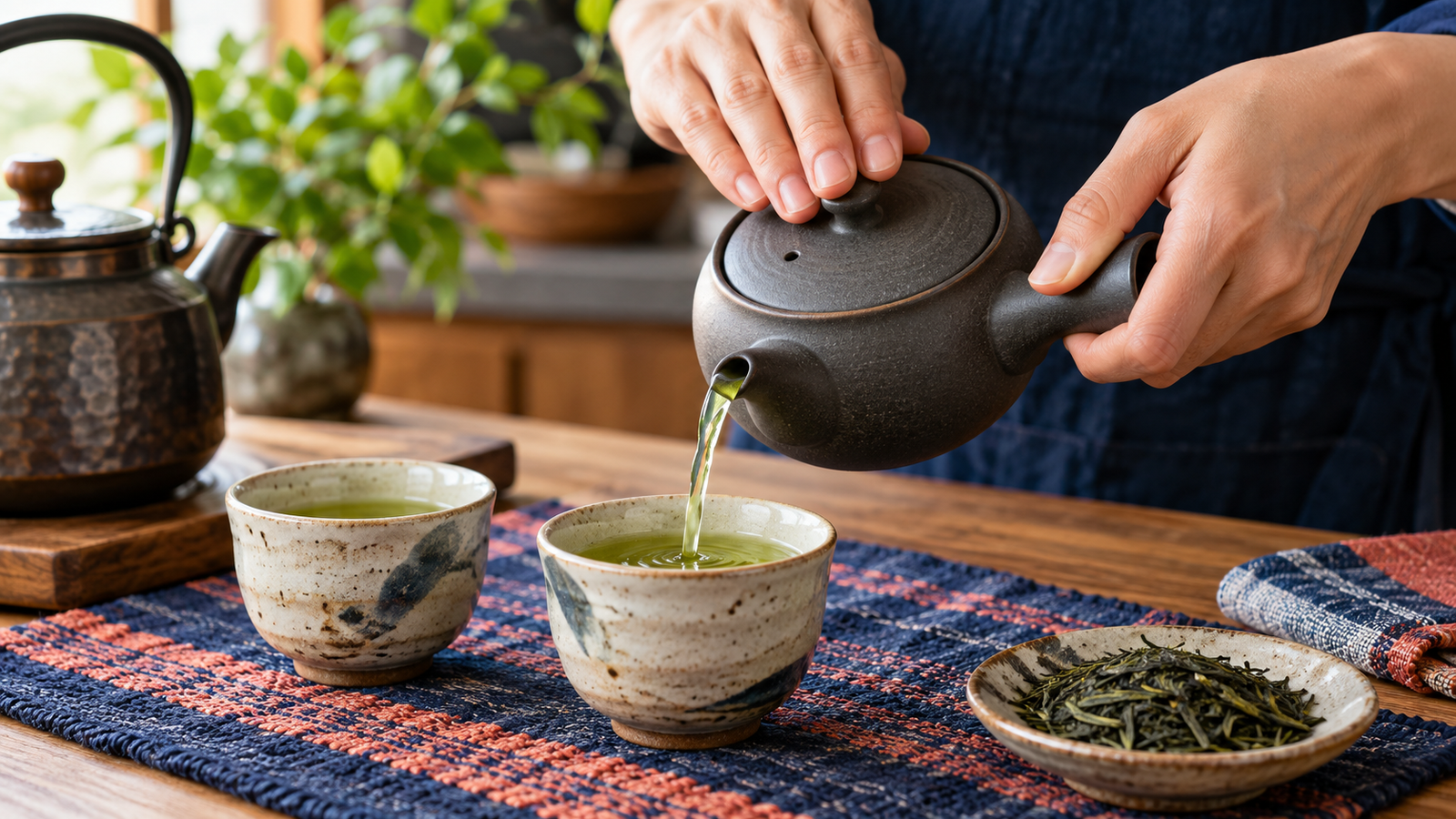 Hands brewing Japanese sencha with a side-handle teapot and small ceramic cups