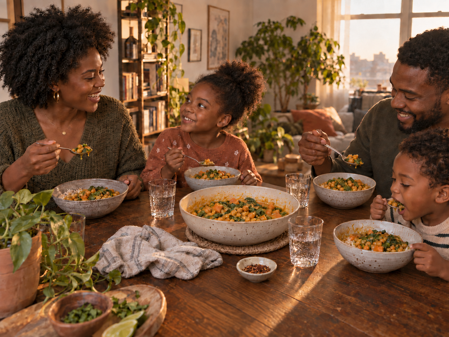 Young Black family of four eating coconut curry chickpeas with sweet potato and spinach together at home