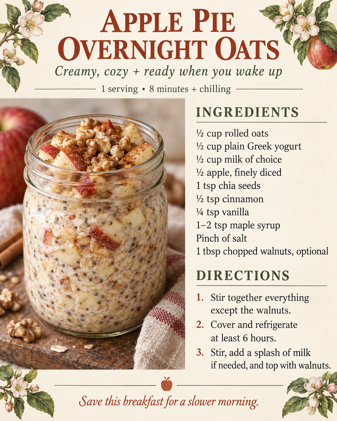 Saveable recipe card for apple pie Greek-yogurt overnight oats