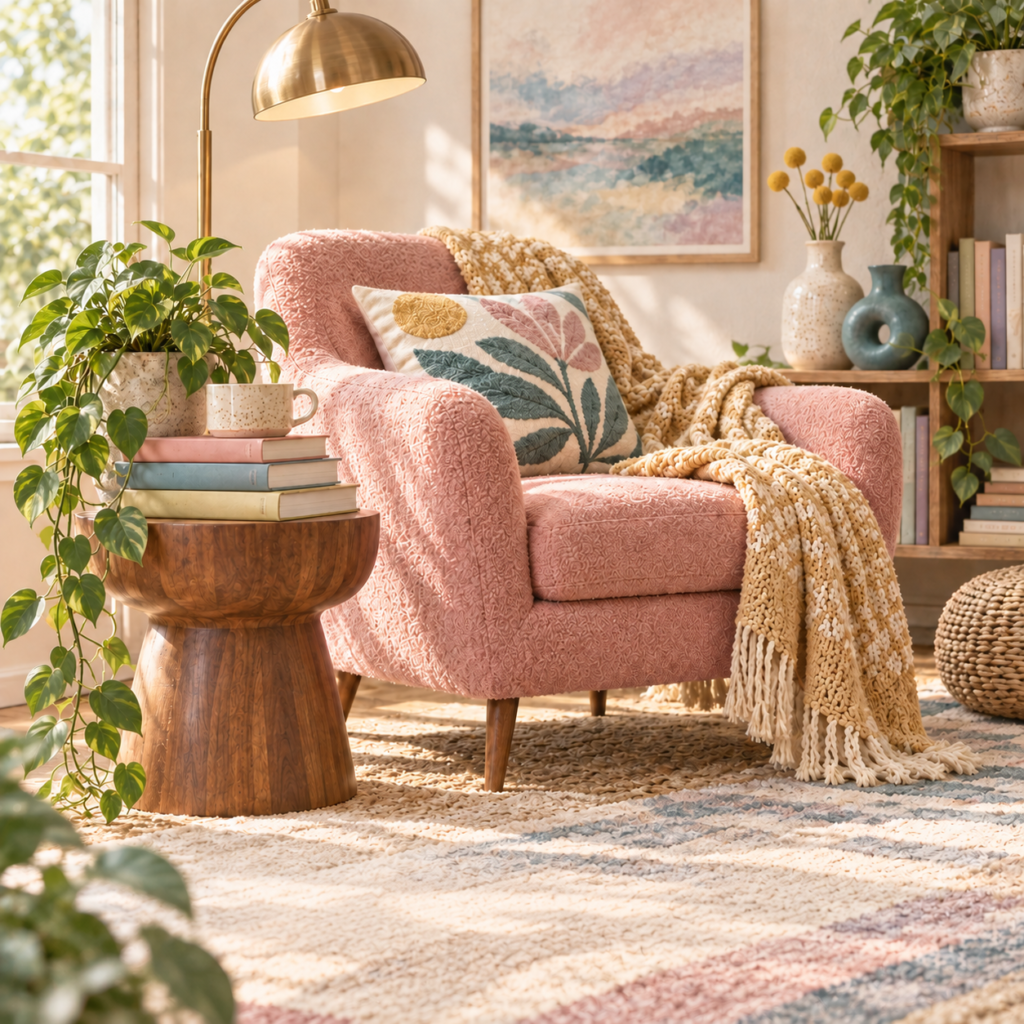 Warm colorful reading corner with blush chair, plants, books, lamp and textured blanket