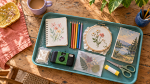 Mexican American millennial woman shaping an imperfect clay dish at a colorful community craft table