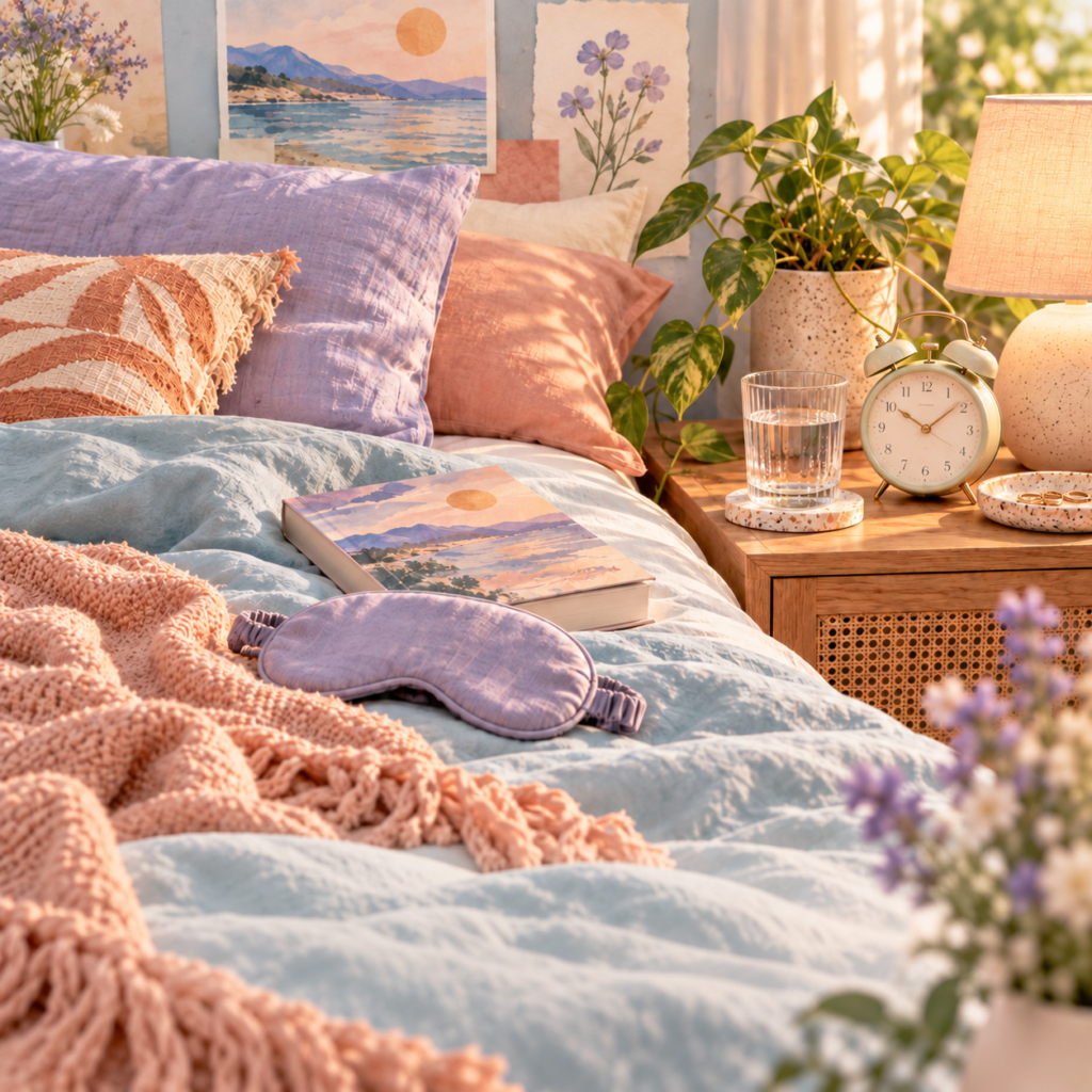 Soft colorful bedroom with layered bedding, book, sleep mask, water and bedside clock