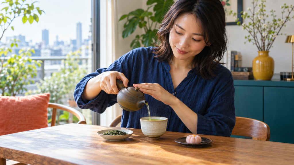 Young Japanese woman preparing sencha beside an open window in a colorful contemporary home