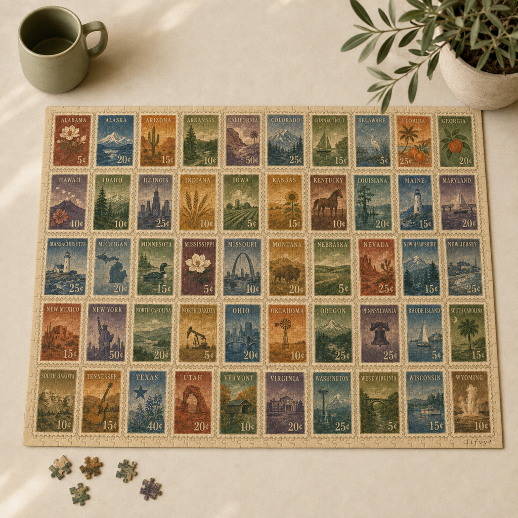 50 States Postage Stamp Puzzle