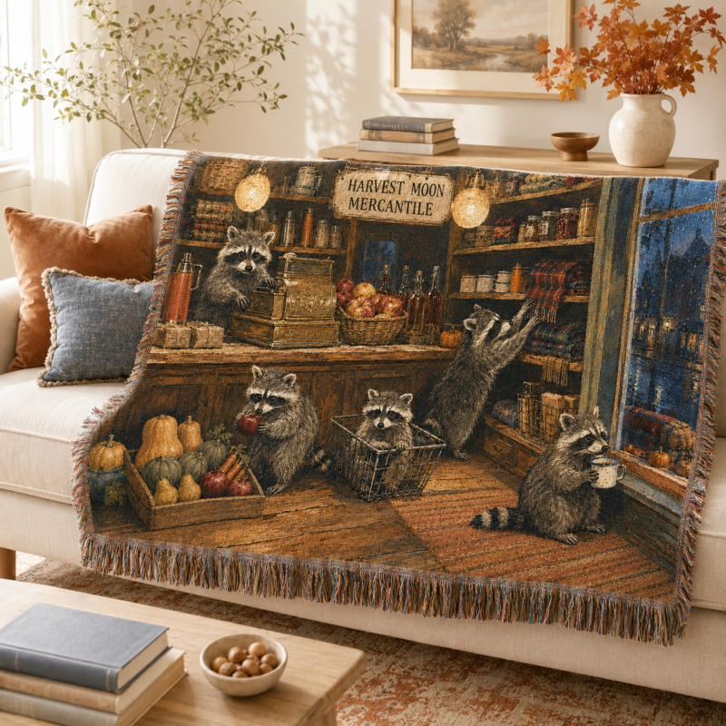 Fall Raccoon Woven Blanket
