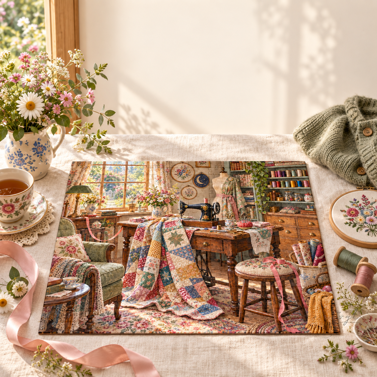 Cozy Sewing Room Jigsaw Puzzle with quilts, fabric, flowers and vintage craft tools