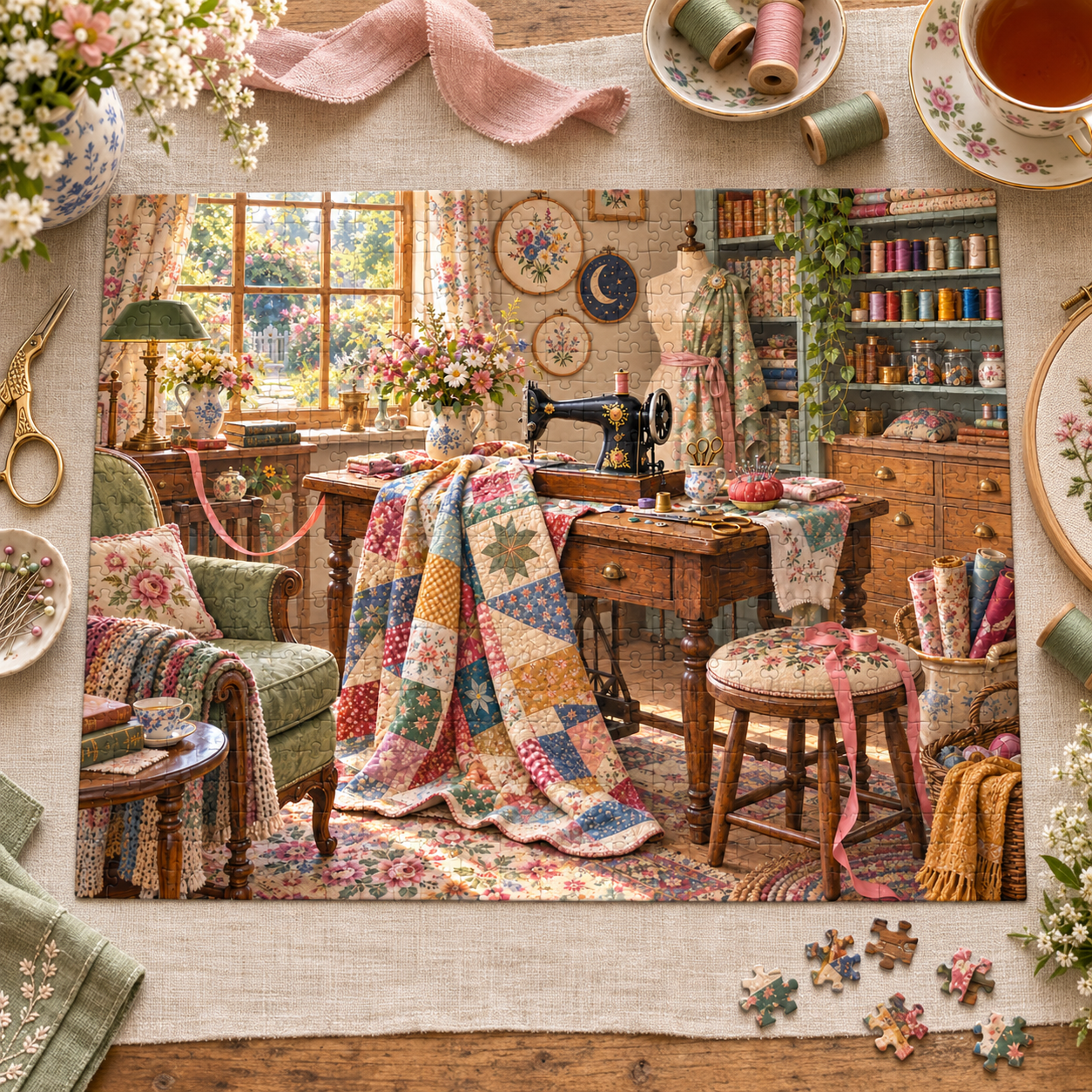 Cozy sewing room puzzle artwork in a warm cottagecore craft space