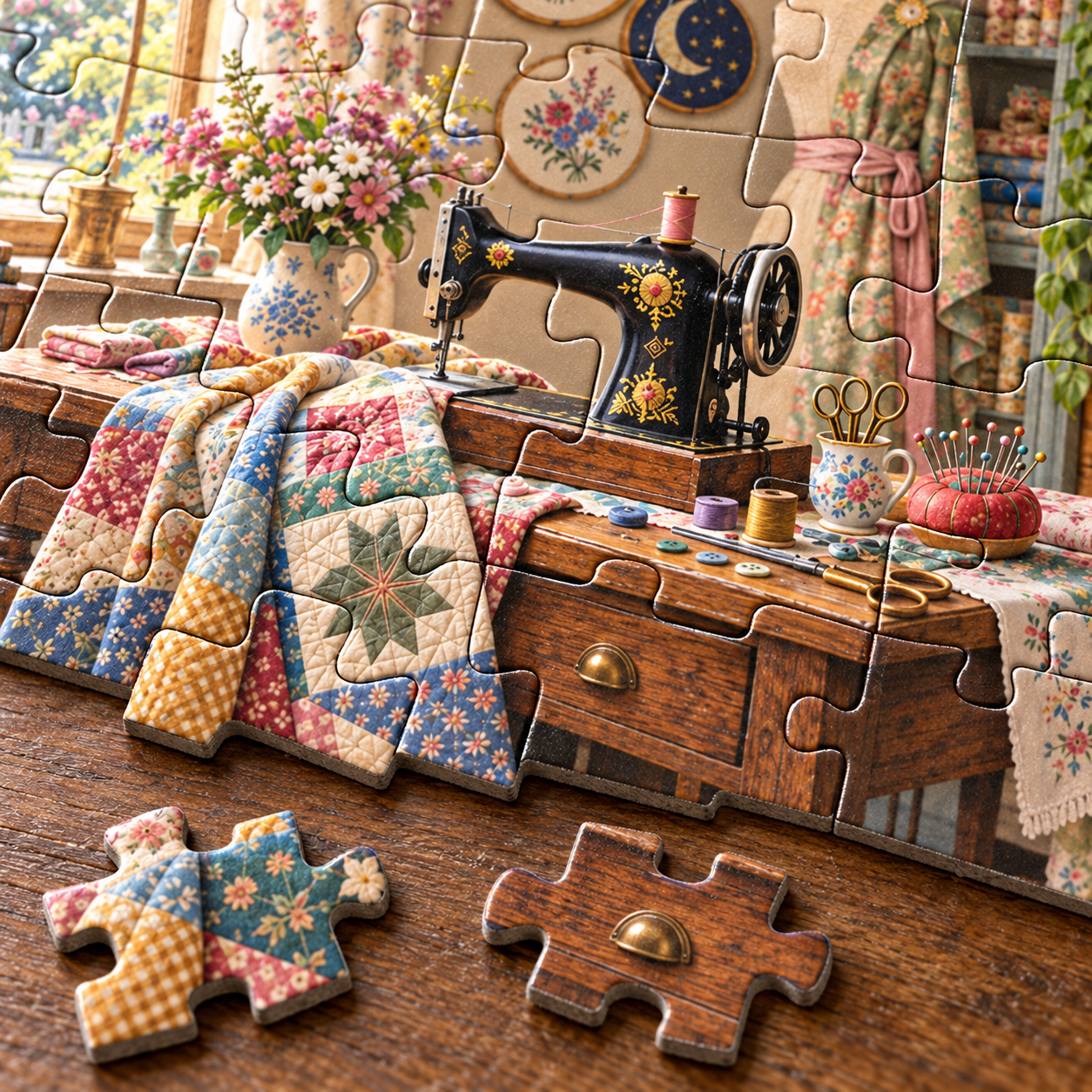 Finished Cozy Sewing Room Jigsaw Puzzle featuring colorful quilting details