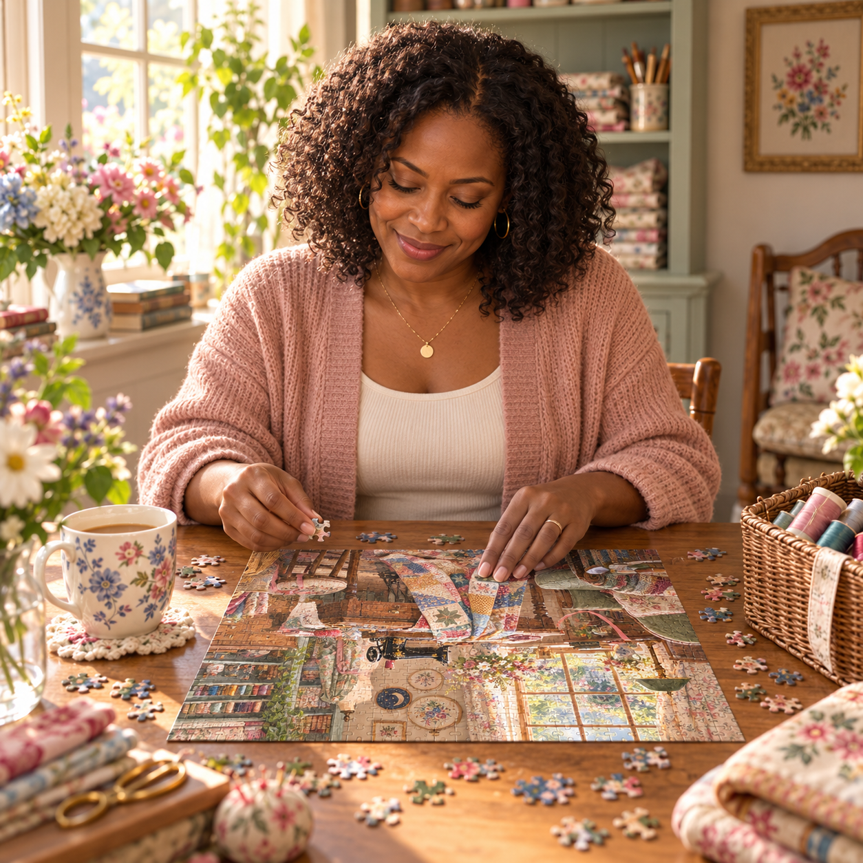 Cottagecore sewing room jigsaw puzzle gift for quilters and craft lovers