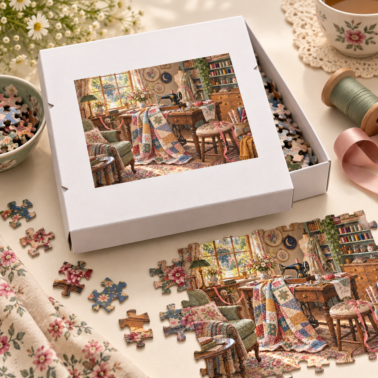Sunday Mending Room puzzle with quilts, flowers and sewing supplies