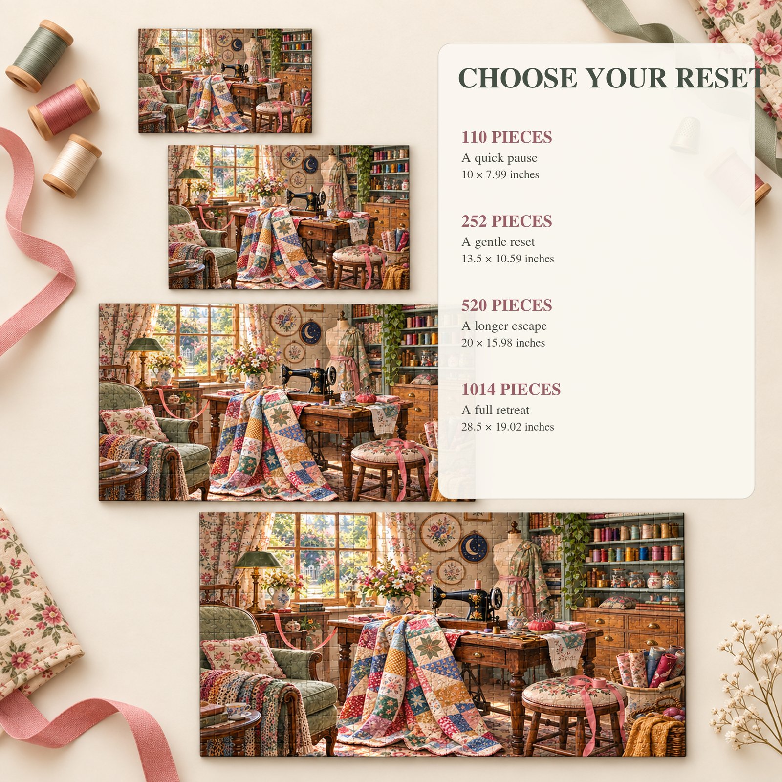 Original Sunday Mending Room puzzle artwork in warm cottagecore colors