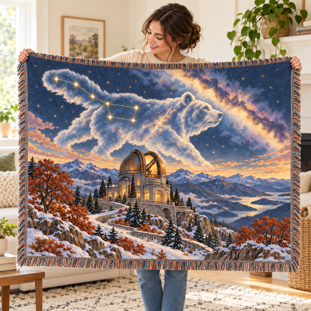 Celestial Woven Cotton Blanket, Big Dipper Bear Observatory Tapestry Throw